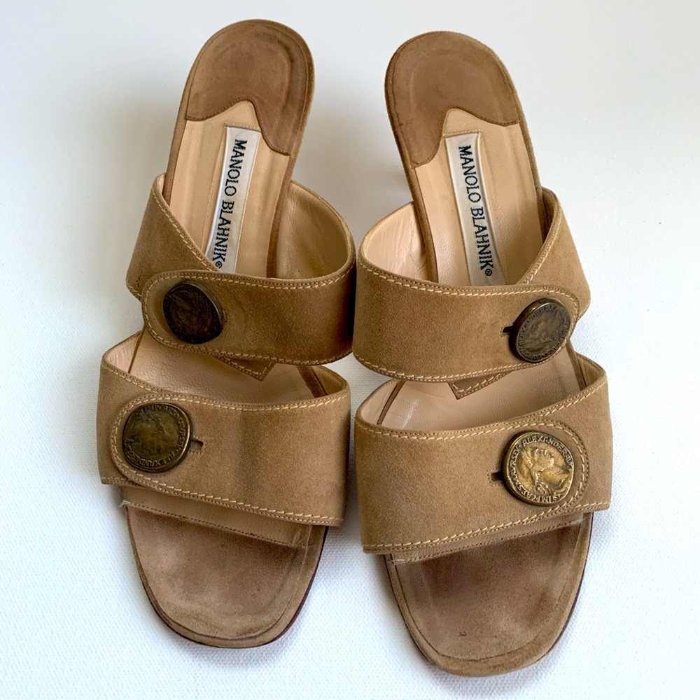Manola Blahnik Vintage Tan Suede Leather Slides, Coin Accents, Sz 39 1/2, Italy